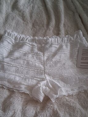 White Textured Lace-Trim Shorts
